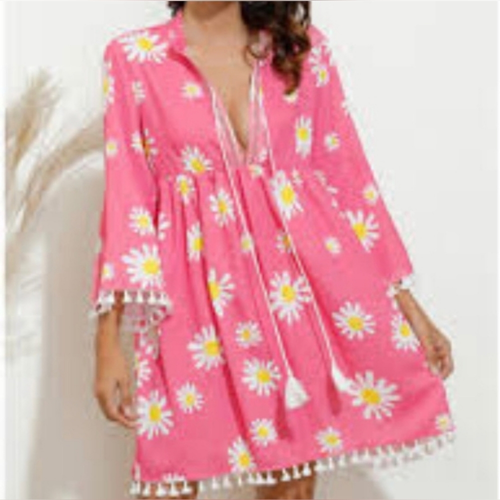 New Boutique Boho Daisy Print Tasseled Summer Dress Embroidered Swim Cover Up